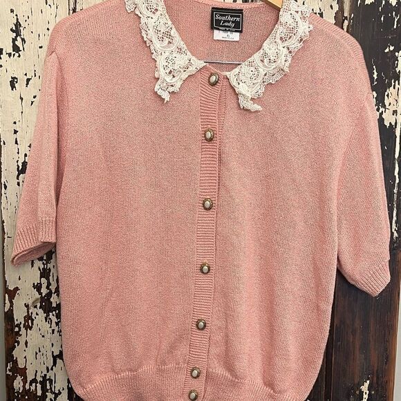 Vintage Southern Lady lace collar short sleeve sweater cardigan. Preppy. Cottage - Picture 1 of 7